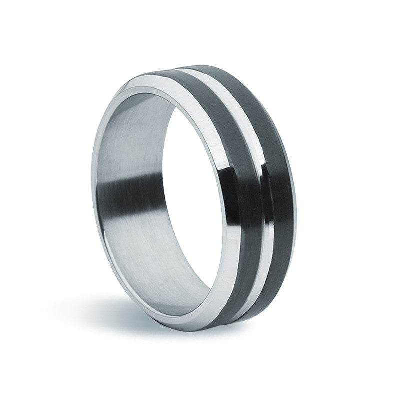 Stainless Steel & Dual Black Plate Ring - Zaffre Jewellery - 1